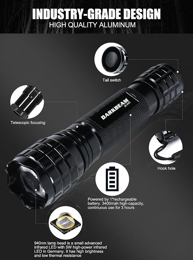 DARKBEAM ir Flashlight Infrared 940nm Lights LED Mini for Night Vision, Rechargeable Portable Tactical ir Illuminator Torch, Focus Adjustable for Hunting, Observation, Search, with Clip