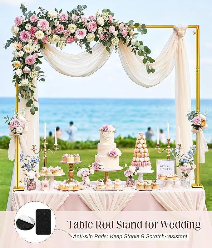 MEILIDY Over The Table Rod Stand with Clamps, Adjustable 33.5"-106" Length 36.6"-48" Height, Table Balloon Arch Backdrop Stand for Party Wedding Birthday Anniversary, Gold