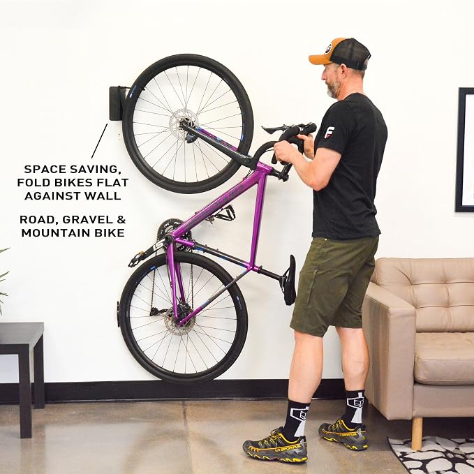 FEEDBACK SPORTS | Velo Hinge 2.0 (Single) Pivoting Swivel Bike Wall Mount | Vertical Bicycle Hanger | Garage Fold Away Bike Hook | Road, Gravel, Mountain Bike Compatible