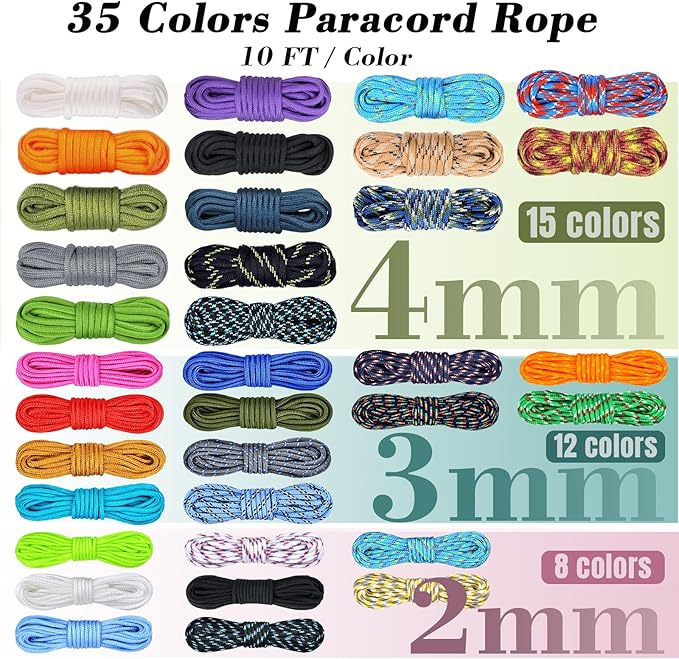WEREWOLVES Paracord Bracelet Jig Kit - 4MM, 3MM, 2MM Parachute Combo Kit, 10FT Rope Complete Accessories and Paracord Jig Bracelet Maker (Nature, 10FT-35 Color)