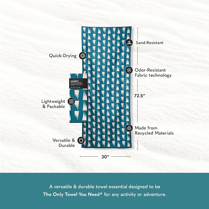 Nomadix Original Towel - Perfect for Beach, Pool, Travel, Camping, Yoga - Made with Recycled Materials - Super Absorbent - Sand Resistant - Summit Green - 72.5x30