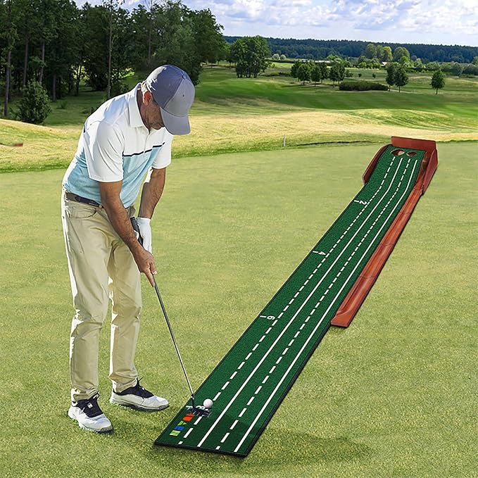 Golf Putting Mat fot Indoor, Wood Putting Green Indoor & Outdoor Training Equipment with Ball Return 8ft Practice Putting Mat, Wrinkle-Free Natural Rubber Mat, Golf Accessories for Men