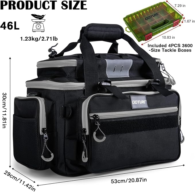 Goture Fishing Tackle Bag with 4PCS 3600 Tackle Boxes | 600D Water-Resistant, Rod Straps, Detachable Bottle Pouch,Waterproof Bottom, Freshwater & Saltwater Gear Storage Fishing Bag