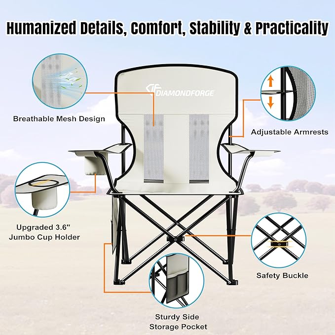 Camping Chair, 300 LBS High Back Breathable Mesh Lawn Chairs Folding (Gray) | Portable Outdoor Folding Camping Chair for Adults, with Cup Holder for Picnic, Lawn, Beach, Park, Fishing and Sports