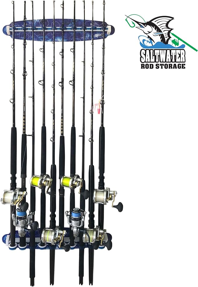 Rush Creek Creations Reel Salty Waterproof Offshore/Inshore Fishing Rod Holder for 10 Saltwater Fishing Poles + Fishing Gear & Fishing Accessories Perfect for Garage Organization & Wall Storage