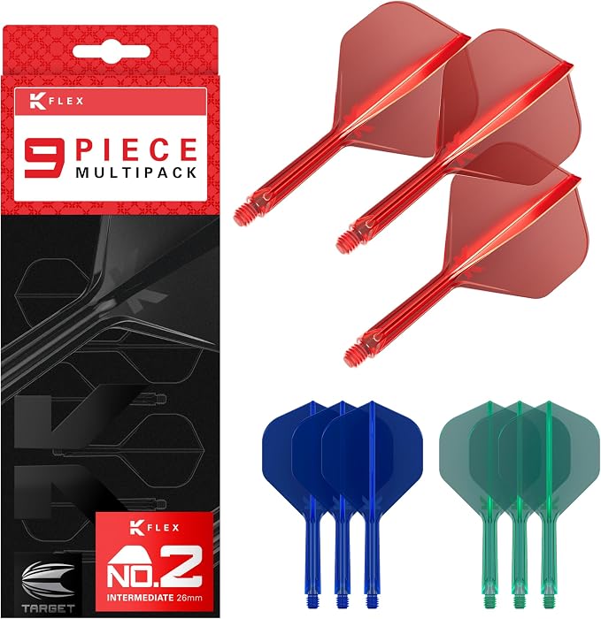 Target Darts K-Flex Integrated Dart Flights and Shafts, Kflex 9 Pack Bundle, Multipack - K Flex 3 Colours | Black, White, Clear, Red, Green, Blue, Pink, Orange, Yellow | Short, Intermediate, Medium
