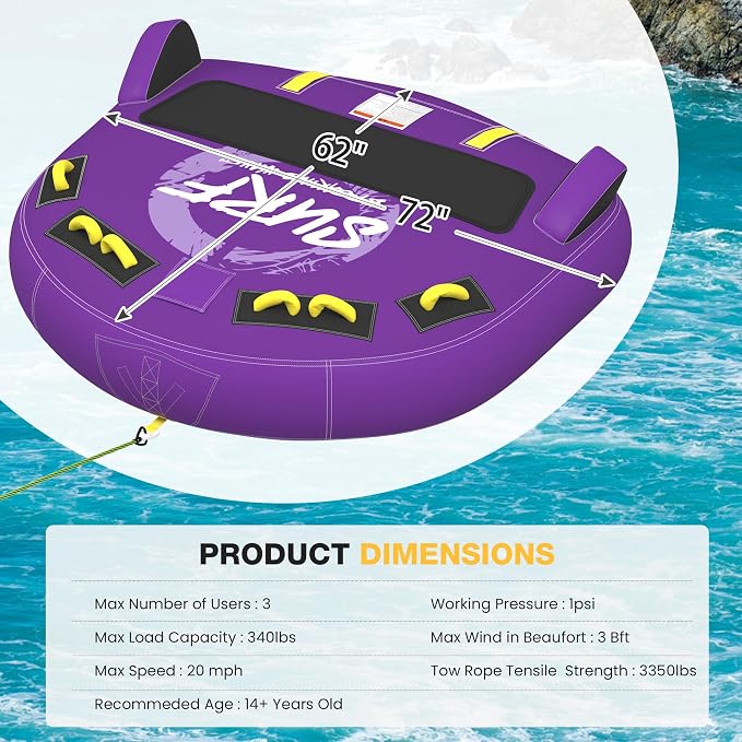 3-Person Deck Towable Tubes for Boating with Winged Side Bolsters and Towable Rope, Padded Bolster Guard Handles & Quick-Connect Tow Point
