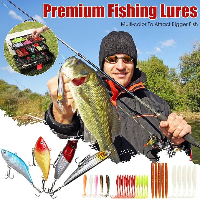 517 Pcs Large 3 Layers Tackle Box with Tackle Fishing Lures Kit Included Pliers, Fish Lip Gripper, Crankbait, Hooks, Other Accessories Fishing Kit for Men Gifts Summer Vacation(Black White)