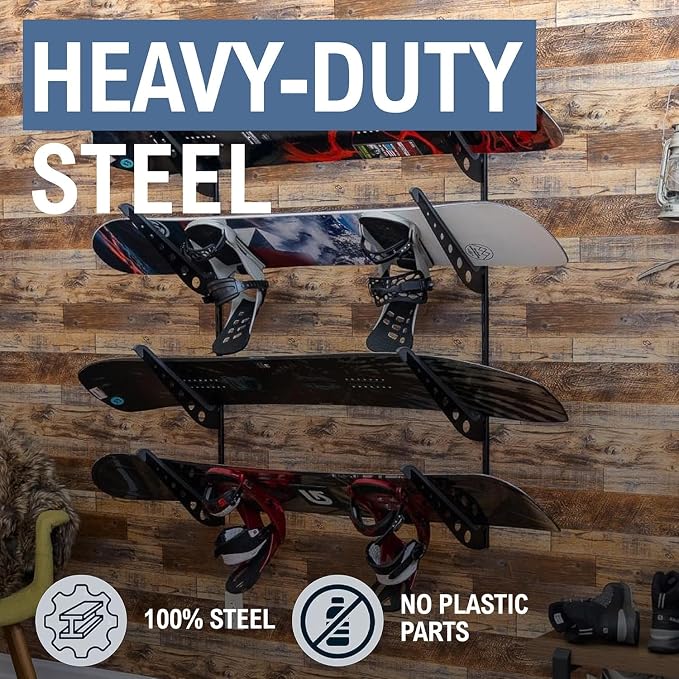 StoreYourBoard Ski & Snowboard Rack, Adjustable Wall Mount Rack Storage System for 4 Boards, Heavy-Duty Garage Wall Organizer for Ski & Snowboards (Snowboard - Black)