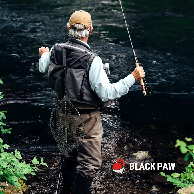 Black Paw Fish Landing Net with Soft Rubber Mesh Bag, Large Fishing Net with Built in Length Scale, Extend to 36-55 Inches
