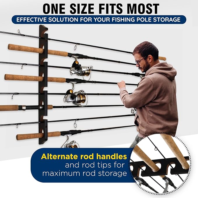 Rush Creek Creations 8 Fishing Rod Wall or Ceiling Storage Rack, Vertical or Horizontal Holder for Garage, 8 Rod and Reel Combo Capacity