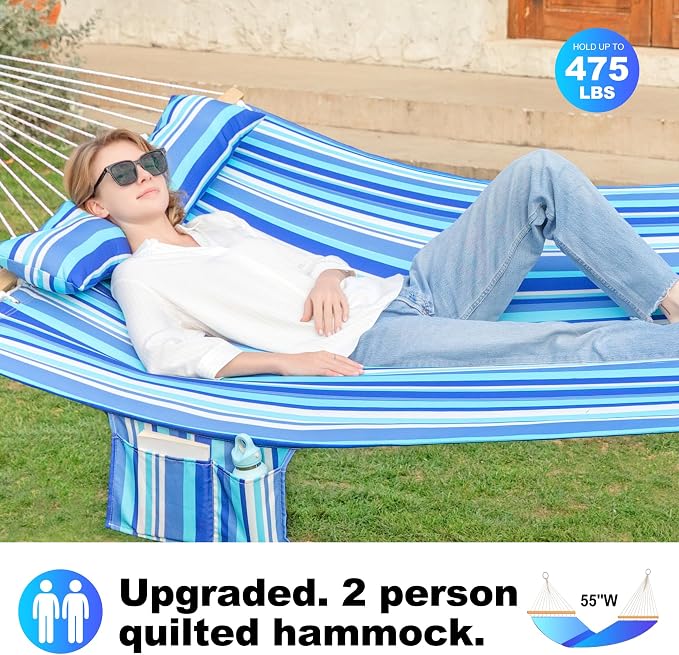 GAFETE Hammock 2 Person Quilted Fabric Hammocks for Outside, Double 12ft Hammocks with Spreader Bar, Large Removable Pillow, Storage Bag, Carabiners, Max 475 lbs Capacity (Ocean Blue)