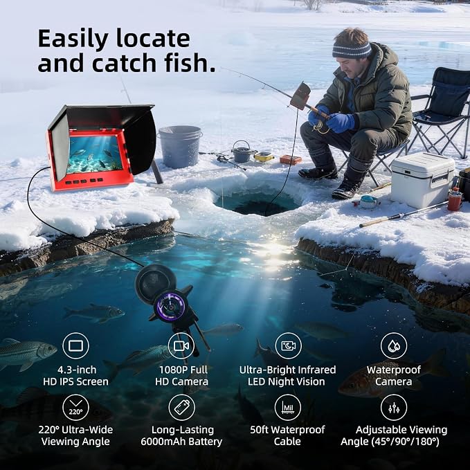 Fishing Camera, 220° Ultra-Wide 1080P HD Underwater Fishing Camera with 4.3" LCD & IR Night Vision, 50ft Cable for Ice Lake Boat Kayak Fishing