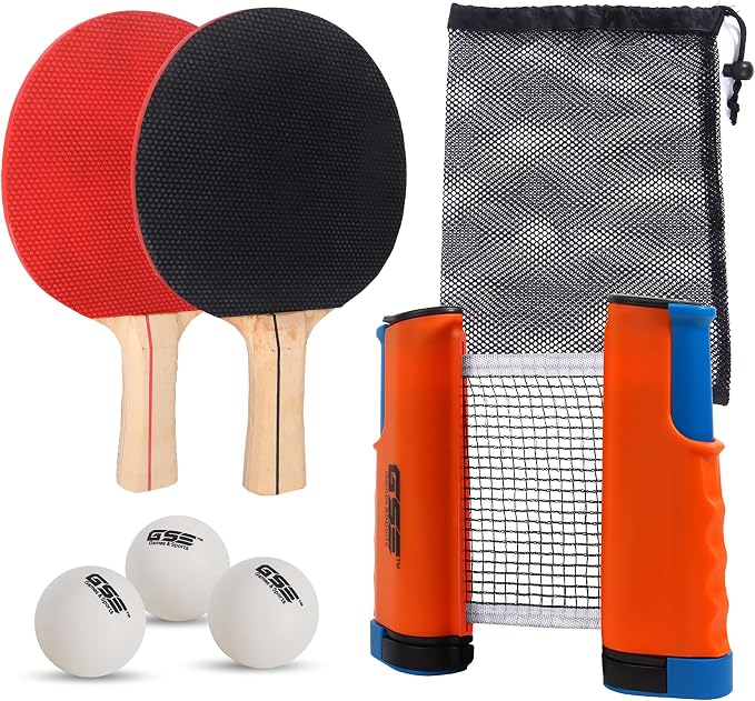 GSE Games & Sports Expert Adjustable Retractable Ping Pong Net Set & Post. Professional Table Tennis Rackets and Balls, Net with Posts and Storage Bag - Pingpong Paddle and Game Table Accessories. | Adjustable