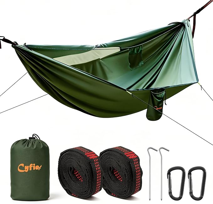 CYFIE Camping Hammock with Net, 440 lbs Portable Hammock with Tree Straps and D-Shape Carabiners, Parachute Nylon Hammock for Outsides Backpacking Hiking Beach Patio