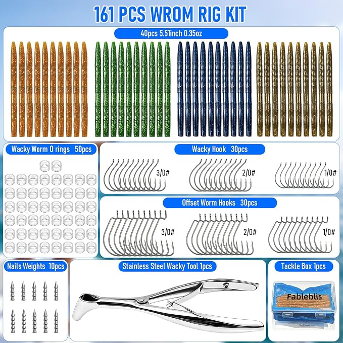 Wacky Worms for Bass Fishing, Fableblis 161Pcs 5.5" Soft Plastic Fishing Lures Kits, Fishing Worm Baits with Wacky Rig Tool, Thick O-Rings, Hooks, Weights, Complete Starter Kit for Freshwater Fishing