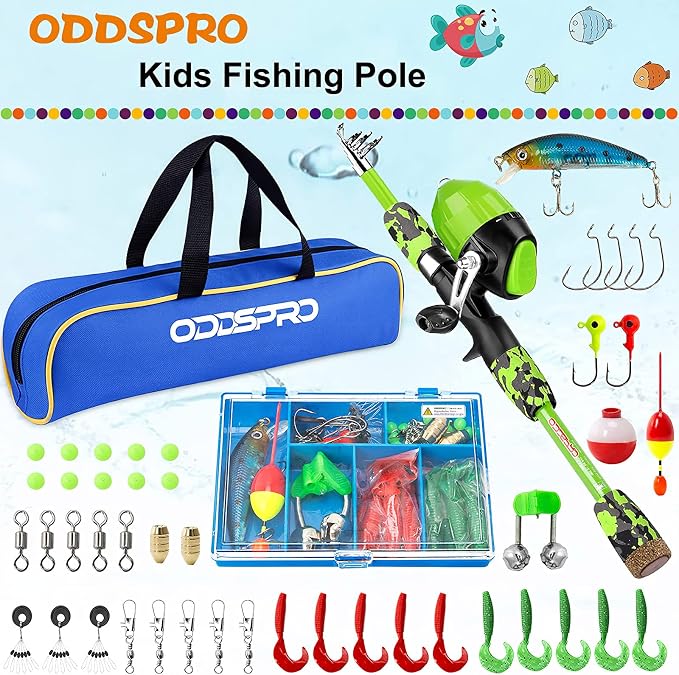 ODDSPRO Kids Fishing Pole - Portable Telescopic Kids Fishing Rod and Reel Combo Kit - with Spincast Fishing Reel Tackle Box for Girls, Youth