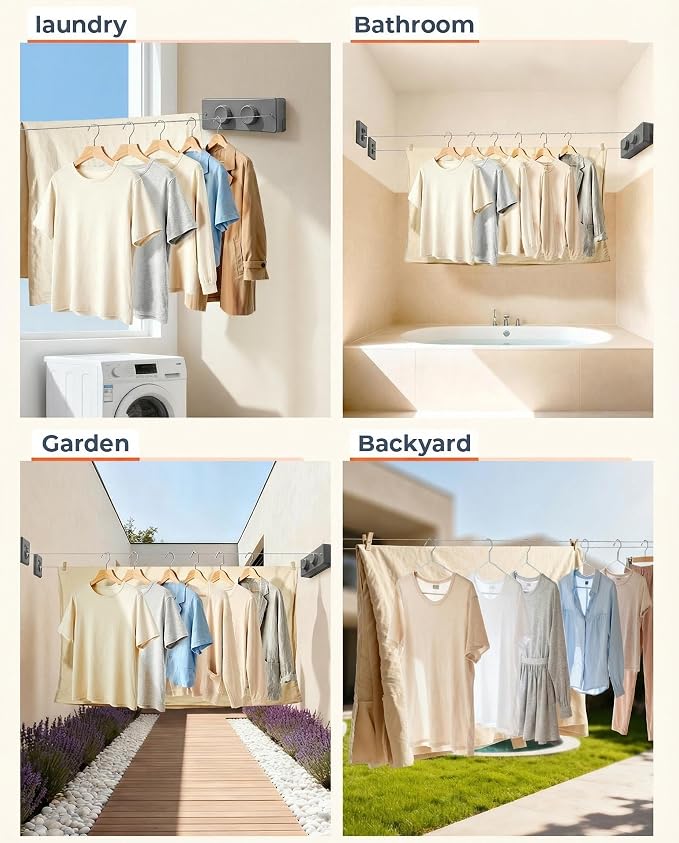 Retractable Clothesline Indoor Outdoor Clothes Line | Heavy Duty 44 lb Clothes Drying Laundry Line | Wall Mounted Double Clothing Line 16.7 ft | Non-Sagging Easy Install for Courtyards
