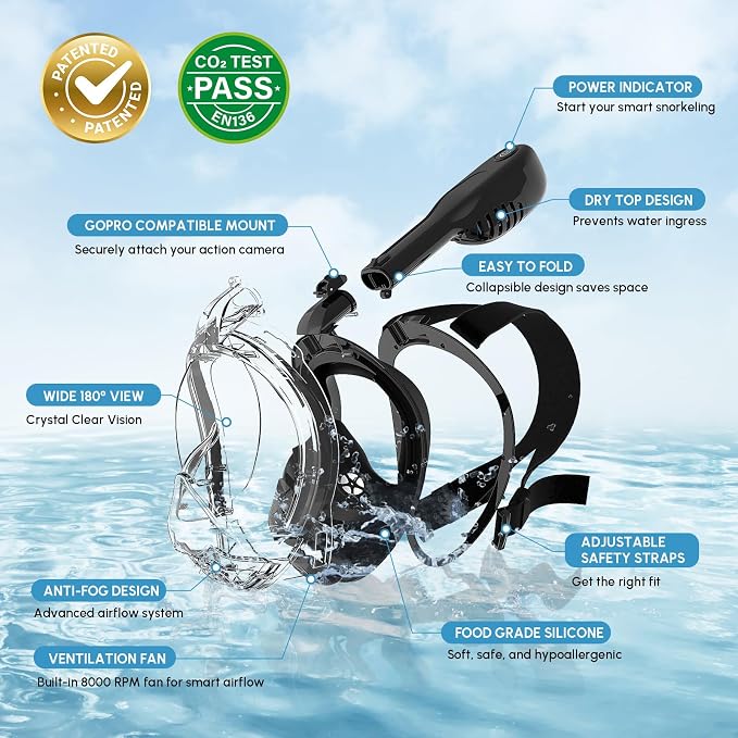 Yosmer Electric Full Face Snorkel Mask for Adults, Fan-Assisted Snorkeling Mask with Dry Top System, 180° Panoramic View, Anti-Fog Design, Foldable Travel Snorkel Gear