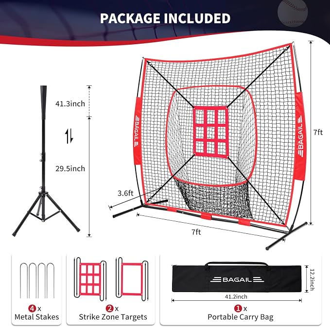 BAGAIL 7x7 ft Extra Large Baseball & Softball Training Net with Batting Tee, Heavy Duty Reinforced Steel Frame, Oversized Hitting Zone for All Levels, Portable Backstop with Carry Bag