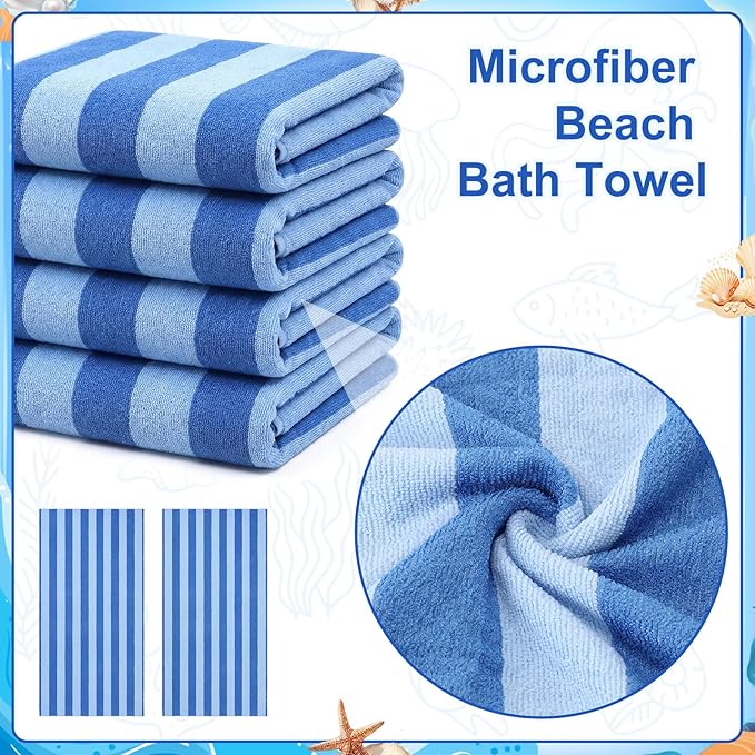 Gilprop 4 Packs Oversized Stripe Beach Towels XL L Microfiber Clearance Pool Towels with Bags Clips Soft Absorbent Quick Dry Camping Swim Towel for Adult Women Men Travel Family (60×30 in,Blue)