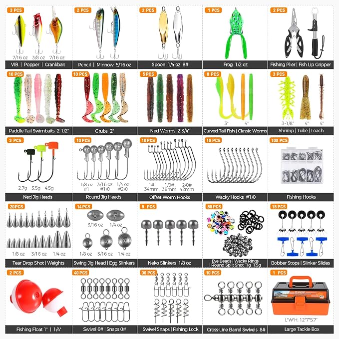 PLUSINNO Large 3 Layers Fishing Tackle Box Lures Kit with Tackle Included | Gifts for Men Kids Starter Kits, Tackle Included, Portable Fishing Gear with Pliers, Baits, Hooks, Weights Accessories