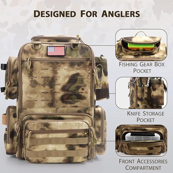 Fishing Backpack, Fishing Tackle Backpack with Rod Holders for 4 Boxes (Box Not Included) 45L Waterproof Fishing Gear, Ideal for Men and Women Large Tackle Box Bag (Sahara Khaki Camo)