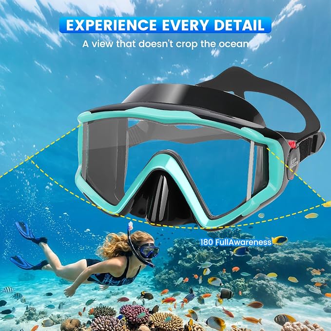 2 Pack Snorkel Mask for Adults - 180° Panoramic View, Anti-Fog Shatterproof PC Lens, Dry Snorkel Set for Diving, Swimming & Travel