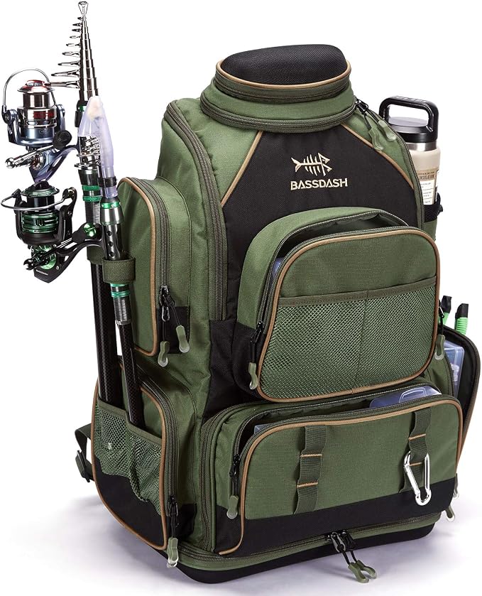 BASSDASH Fishing Tackle Backpack Water Resistant Tactical Bag Soft Tackle Box with Rod Holder and Protective Rain Cover