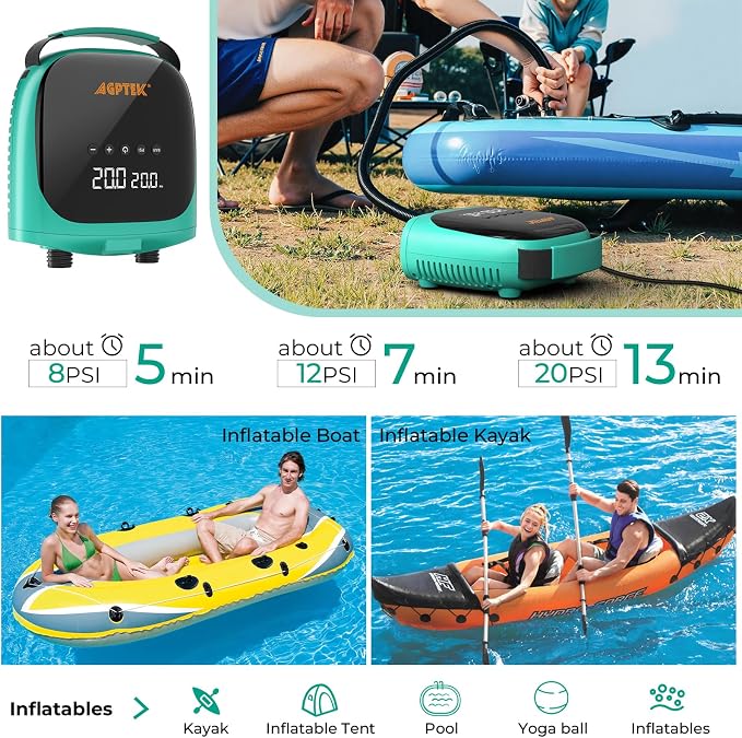 AGPTEK Paddle Board Pump Electric Sup Air Pump 20PSI Portable, Auto-Off 12V DC Car Connector for Inflator & Deflator Inflatable Stand up Paddle Boards,Boats,Inflators