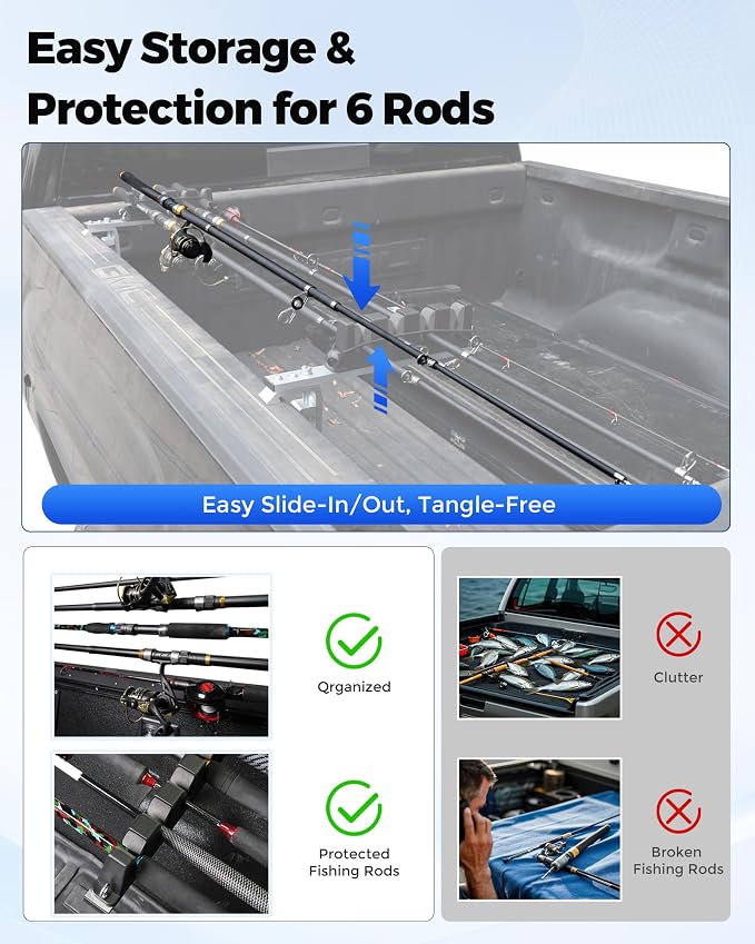 Aluminum Fishing Rod Holder for Truck Bed Holds 4 Fishing Rods, Truck Bed Fishing Rod Holder for Pickup, Gift for Truck Owners, Fishing, Outdoors, Dad, Family