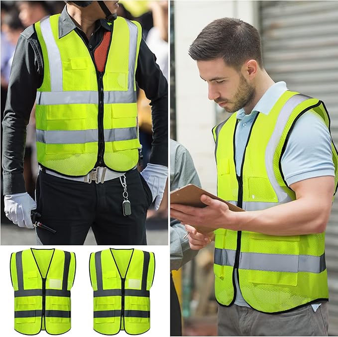 JaGely 20 Pack Reflective Safety Vests with Pockets, High Visibility Mesh Construction Vest for Men Women, Neon Yellow, Size L