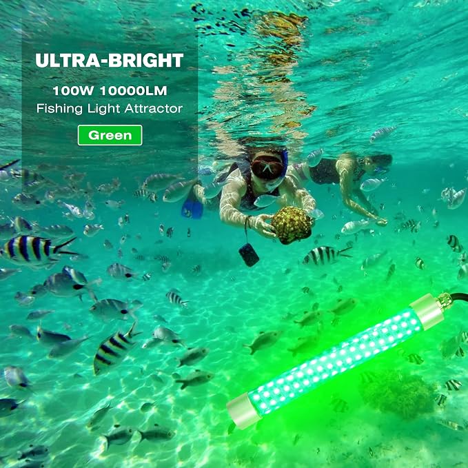 F2 110V &12V Underwater Fishing Light 100W 10000lm Bright Fish Attracting Light for Boat Docks Kayaks at Night, Submersible Green Light for Crappie Snook Bass Squid Bait Catfish(16.4ft Cord)