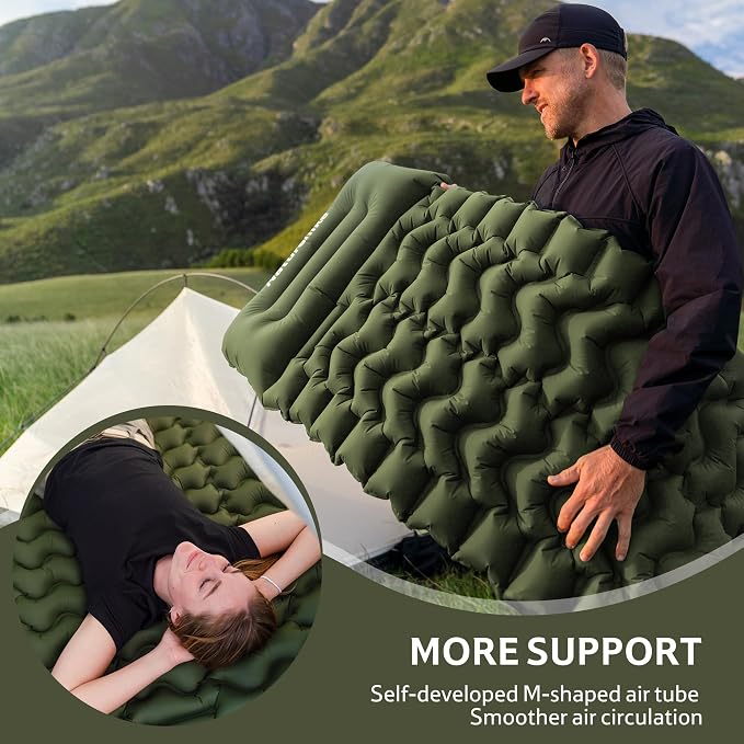 Naturehike Double Camping Sleeping Pad, Ultralight Inflatable Sleeping Mat with Pillow Built-in Pump, 2.6 Inch Lightweight Air Mattress for Backpacking, Hiking, Traveling