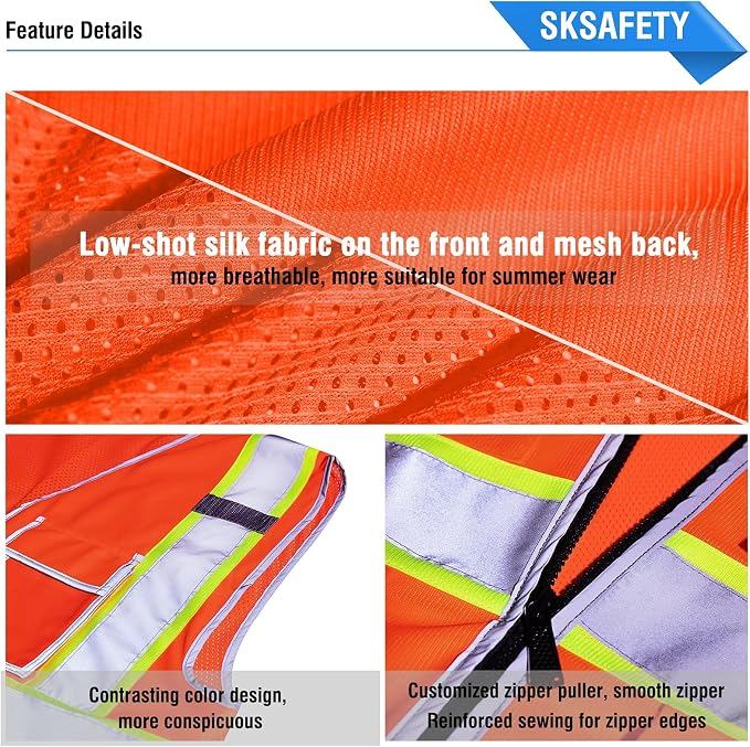 SKSAFETY 10/12 Pockets Safety Vest - Class 2 High Visibility Security with Zipper Double-sided mesh, Hi Vis Vest with Reflective Strips, ANSI/ISEA Standard, Construction Work Vest （Orange）