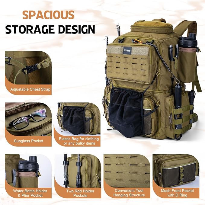 Goture Fishing Backpack, 53L 600D Water-Resistant Insulated Tackle Backpack with Cooler, Rod Holders, 8 Lure Pockets, Rain Cover, Gear Storage Large Fishing Bag for Camping Hiking(Without Tackle Box)