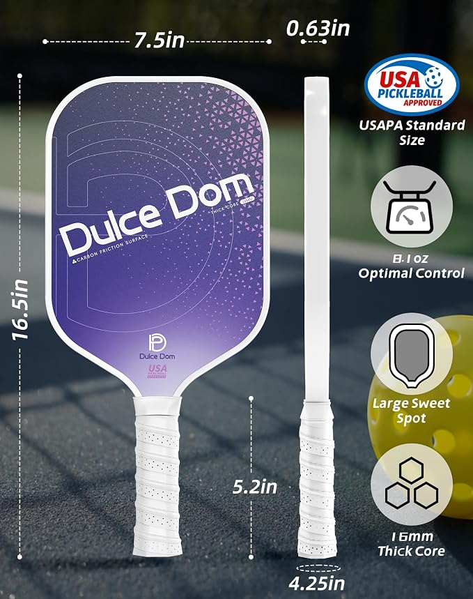 Dulce DOM Pickleball Paddles Set of 2/4 - USAPA Approved, 4 Indoor Outdoor Pickleball Balls, Fiberglass Surface Paddle Racket with Cover Bag, Ideal Training Equipment Gift for Men & Women