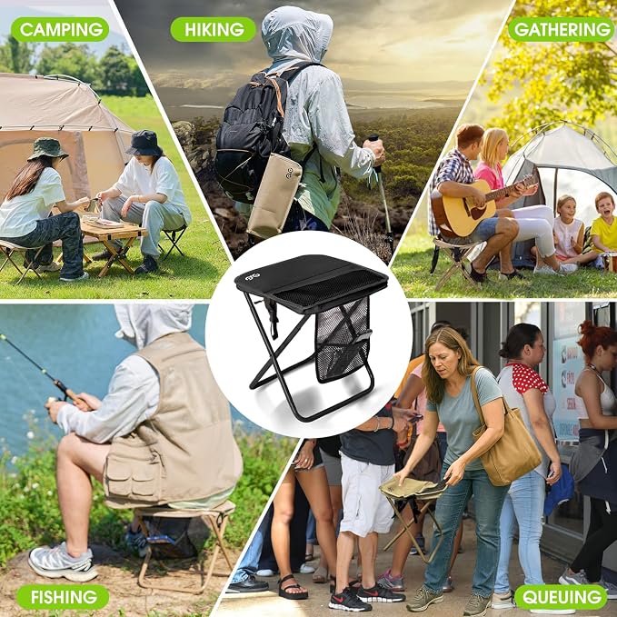 CAMDOOR Portable Collapsible Stool, 16″Folding Stool with 3 Side Pockets and Shoulder Strap, Extra Large Camping Chair Supports 400 lbs, Ultralight Portable Seat for Outdoor, Hiking, Fishing