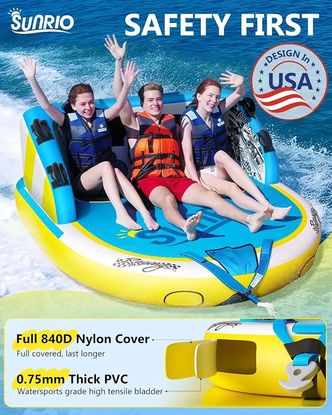 2025 Upgrade Towable Tubes for Boating 1-3 Riders Inflatable Water Sport Towable Tube for Boat Heavy Duty Nylon Cover with Zipper Bolster Fins Safety Air Valve Padded Handle
