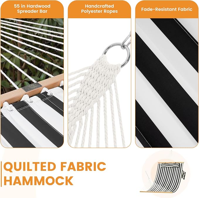 Lazy Daze Hammocks 10.5FT 2 Person Double Quilted Fabric Hammock with Spreader Bar, Detachable Pillow, Side Pocket, Carabiners, Chains, Straps for Outdoor, 450lbs Capacity, Black White Stripes