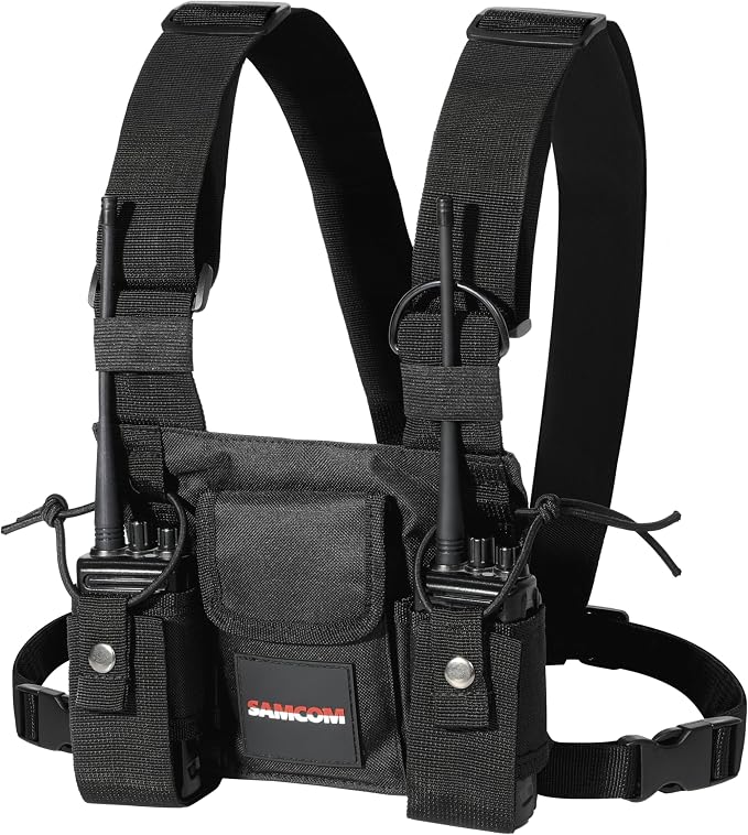 SAMCOM Radio Chest Harness with Adjustable Shoulder Holster, Tactical Vest Radio Vest Holder Two Way Radio Vest Rig, Walkie Talkie Storage Bag with Pack Pouch (1 Pack, Black)