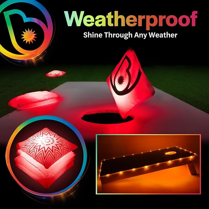Brightz Cornhole Board Edge Lights with LED Bags - Includes 4-Pack of LED Cornhole Bags + TossBrightz Cornhole Board Edge Lights - The Ultimate Night Time Cornhole Master Set
