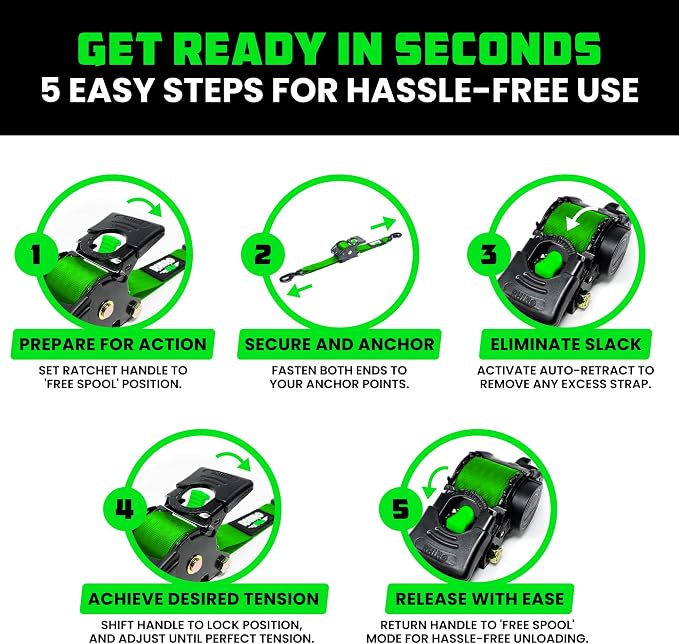 Rhino USA Retractable Ratchet Straps (2-Pack) - 1 Inch x 10 Feet (1,209lb Break Strength) - Auto Self Retracting Tie Down Straps for Truck, Cargo Trailer, Motorcycle, ATV, UTV - Green