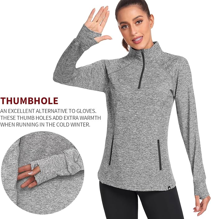 Soneven Women's Thermal Fleece Running Shirts Warm Winter Pullover Cold Weather Workout Hiking Tops with Thumb Holes Pockets