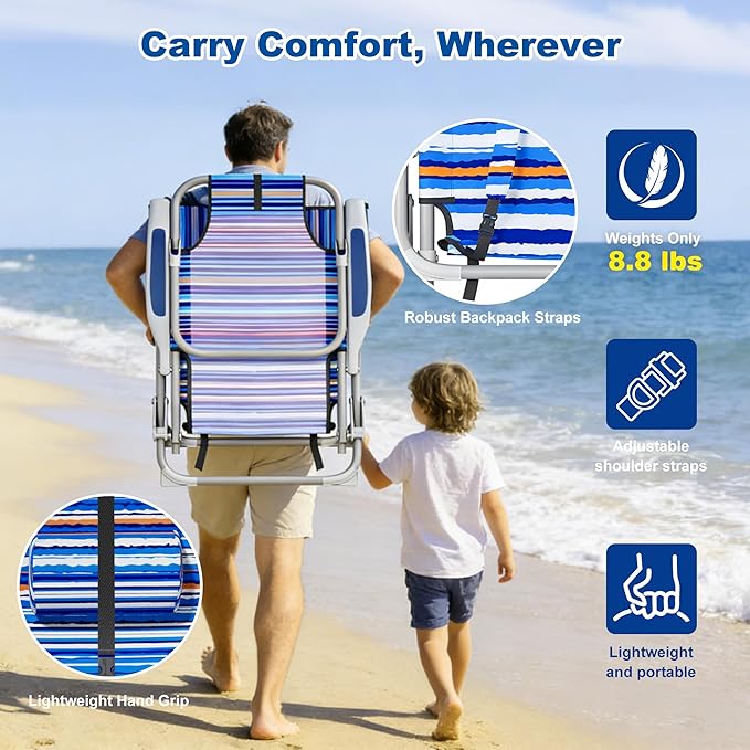 DIAMONDFORGE Lightweight Portable Beach Chair for Adults, 350 LBS Capacity Backpack Beach Chair, Reclining Beach Chair with 5-Position Lay Flat, Large Cup Holder for Beach Camping Sports, 1 Pack