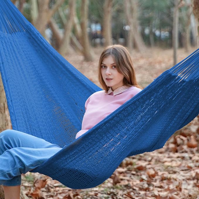 PNAEUT Handwoven Mayan Hammock, Thick Soft Rope Double Hammock for Outdoor Outside & Indoor, 600 lbs Capacity Heavy-Duty, Includes Tree Straps, Carabiners & Carrying Bag (Navy Caribe, X-Large)