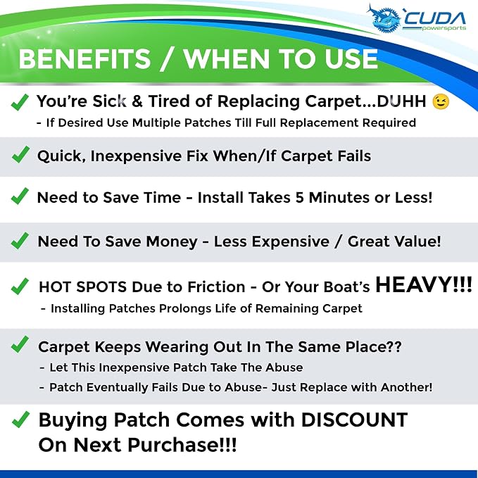 Boat Trailer Bunk Carpet Patch - 80oz syd Patch - Fixes Tears, Rips, Hot Spots on Carpeted Bunk Boards Fast Staple-On Fix Carpet Patch for Hotspots, Tears & Worn Trailer Bunks Runners Patented