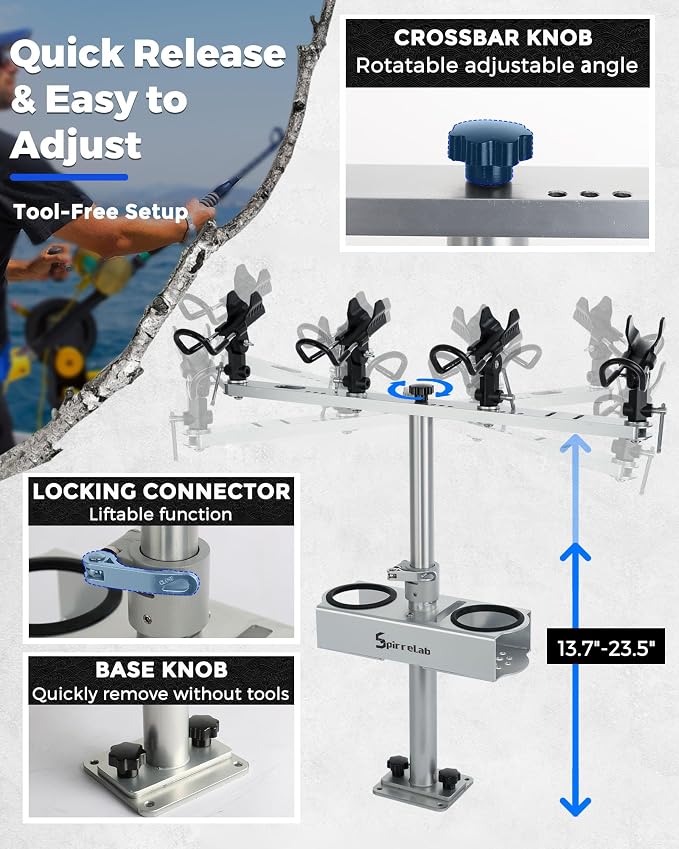 Spider Fishing Rod Holders for Boat, Aluminum Crappie Fishing Pole Mount, Adjustable Height & Angle, Boat Rod Rack for Spider Rigging