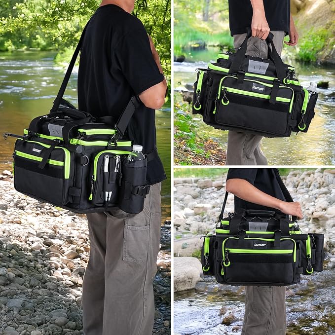 Goture Fishing Tackle Bag with 4PCS 3600 Tackle Boxes | 600D Water-Resistant, Rod Straps, Detachable Bottle Pouch,Waterproof Bottom, Freshwater & Saltwater Gear Storage Fishing Bag