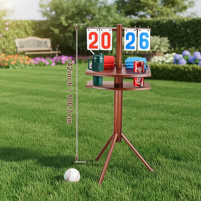 Triceratops Wooden Cornhole Scoreboard with Drink Holders – 41" Tall Outdoor Yard Score Keeper with Flip Cards (0–99),